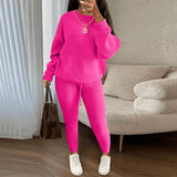 Winter Ribbed Knit Suits Fashion Loose Pullover Sweater Top And Drawstring Pants For Women Trouser Set Clothing