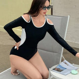 Stylish Long-sleeve Black-and-white Color-block Mermaid Girl Swimsuit